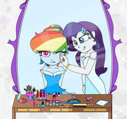 Size: 1600x1500 | Tagged: safe, artist:rai2n, imported from derpibooru, rainbow dash, rarity, human, equestria girls, annoyed, bracelet, brush, clothes, comb, dress, female, frown, jewelry, lipstick, makeup, mirror, nail polish, request, smiling, tongue out