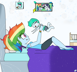 Size: 1600x1500 | Tagged: safe, artist:rai2n, imported from derpibooru, rainbow dash, soarin', oc, human, equestria girls, baby, bed, clothes, crib, eyes closed, female, holding, lying down, male, mother, mother and child, mother and daughter, offspring, parent:rainbow dash, parent:soarin', parents:soarindash, photo, ponytail, request, shipping, shirt, shoes, shorts, smiling, soarindash, straight