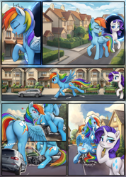 Size: 1502x2109 | Tagged: safe, artist:kirby_orange, imported from derpibooru, rainbow dash, rarity, pegasus, pony, unicorn, butt, car, comic, commission, crumpled, crush fetish, crushed, crushing, digital art, driveway, female, fetish, garage door, giant pony, horn, macro, mercedes-benz, modern house, outdoors, perspective, portal, rainbow tail, rainbutt dash, road, size difference, street, suburb, sunny day, tail, wings