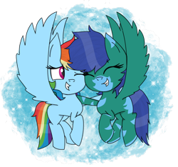 Size: 1600x1500 | Tagged: safe, artist:rai2n, imported from derpibooru, rainbow dash, oc, pegasus, pony, eyes closed, female, flying, hug, mare, request, smiling, spread wings, wings