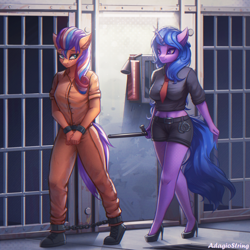 Size: 2000x2000 | Tagged: safe, artist:adagiostring, imported from derpibooru, izzy moonbow, sunny starscout, anthro, clothes, female, females only, g5, jail, jail cell, overseer, prison, prison guard position, prison outfit, prisoner, walking