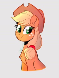 Size: 1418x1862 | Tagged: safe, artist:mazzyna, imported from derpibooru, applejack, earth pony, pony, female, gray background, looking at you, mare, simple background, smiling, smiling at you, solo