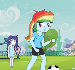 Size: 1600x1500 | Tagged: safe, artist:rai2n, imported from derpibooru, rainbow dash, rarity, human, equestria girls, annoyed, bracelet, breasts, clothes, dress, female, fence, football, frown, grass, jewelry, ponytail, request, running, shirt, short, sky, smiling, soccer field, soccer goalpost, sports, tree