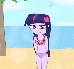 Size: 1600x1500 | Tagged: safe, artist:rai2n, imported from derpibooru, twilight sparkle, human, equestria girls, beach, belly, belly button, bikini, clothes, female, flower, flower in hair, jewelry, necklace, ocean, palm tree, request, sand, smiling, swimsuit, tree, water