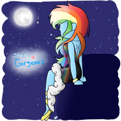 Size: 1300x1300 | Tagged: safe, artist:rai2n, imported from derpibooru, rainbow dash, human, equestria girls, bracelet, clothes, dress, female, jewelry, ledge, moon, night, shoes, sitting, sky, solo, stars