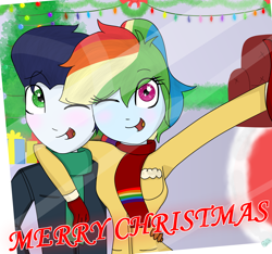 Size: 1600x1500 | Tagged: safe, artist:rai2n, imported from derpibooru, rainbow dash, soarin', human, equestria girls, arm around neck, chair, christmas, christmas lights, christmas tree, clothes, female, holiday, male, merry christmas, mittens, ponytail, present, scarf, shipping, smiling, soarindash, straight, sweater, tree