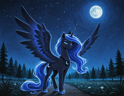 Size: 1728x1344 | Tagged: safe, imported from derpibooru, princess luna, alicorn, pony, ai content, ai generated, crown, female, flower, flower field, full body, full moon, generator:stable diffusion, generator:zoinksnoob, grass, grass field, hoof shoes, jewelry, lidded eyes, mare, moon, night, night sky, outdoors, peytral, princess shoes, prompter:tyto4tme4l, regalia, road, sky, smiling, solo, spread wings, stars, tree, wings