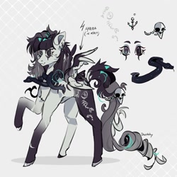 Size: 1280x1280 | Tagged: safe, artist:dazetzky, imported from derpibooru, oc, oc only, pegasus, pony, snake, chest fluff, concave belly, ear piercing, earring, female, heterochromia, jewelry, mare, piercing, reference sheet, skull, solo