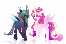 Size: 4096x2756 | Tagged: safe, artist:dazetzky, imported from derpibooru, princess cadance, queen chrysalis, alicorn, changeling, changeling queen, pony, alternate design, cadalis, curved horn, duo, female, horn, infidelity, jewelry, lesbian, mare, peytral, regalia, sharp teeth, shipping, simple background, teeth, unshorn fetlocks, white background