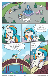 Size: 1522x2339 | Tagged: safe, artist:skysorbett, imported from derpibooru, oc, oc only, oc:twister joy, frog, pegasus, pony, comic:breaking free #2, bridge, comic, fountain, male, outdoors, river, stallion, town, water