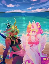 Size: 3138x4096 | Tagged: safe, artist:dazetzky, imported from derpibooru, princess cadance, queen chrysalis, alicorn, anthro, changeling, changeling queen, beach, bikini, breasts, cadalis, clothes, curved horn, duo, female, forked tongue, horn, infidelity, lesbian, ocean, sarong, sharp teeth, shipping, swimsuit, teeth, water