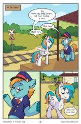 Size: 1522x2339 | Tagged: safe, artist:skysorbett, imported from derpibooru, oc, oc only, oc:twister joy, pegasus, pony, comic:breaking free #2, comic, male, outdoors, railroad, stallion, train station