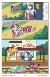 Size: 1522x2339 | Tagged: safe, artist:skysorbett, imported from derpibooru, oc, oc only, oc:sky sorbet, oc:twister joy, pegasus, pony, comic:breaking free #2, building, comic, female, house, male, mare, outdoors, police, railroad, stallion, train station