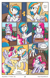 Size: 1522x2339 | Tagged: safe, artist:skysorbett, imported from derpibooru, oc, oc only, oc:sky sorbet, oc:twister joy, pegasus, pony, comic:breaking free #2, comic, female, male, mare, outdoors, stallion