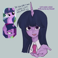 Size: 1479x1471 | Tagged: safe, artist:raritmiu, imported from derpibooru, twilight sparkle, human, pony, unicorn, clothes, evil twilight, female, horn, horned humanization, humanized, mare, necktie, solo, unicorn twilight