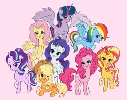 Size: 1893x1484 | Tagged: safe, artist:raritmiu, imported from derpibooru, applejack, fluttershy, pinkie pie, rainbow dash, rarity, starlight glimmer, sunset shimmer, twilight sparkle, alicorn, earth pony, pegasus, pony, unicorn, blushing, female, flying, horn, lying down, mane six, mare, pink background, prone, simple background, spread wings, twilight sparkle (alicorn), wings