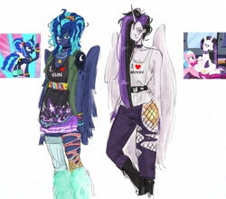 Size: 1829x1607 | Tagged: safe, artist:raritmiu, imported from derpibooru, aloe, princess celestia, princess luna, alicorn, human, pony, between dark and dawn, 80s princess luna, choker, clothes, female, fishnet clothing, fishnets, horn, horned humanization, humanized, jewelry, leg warmers, mare, my little pony, necklace, punklestia, ripped stockings, screencap reference, scrunchie, socks, spiked choker, stockings, thigh highs, torn clothes, winged humanization, wings