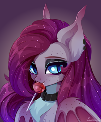 Size: 3727x4500 | Tagged: safe, artist:xsatanielx, imported from derpibooru, oc, oc only, oc:enya lunar eclipse, bat pony, pony, bat pony oc, bat wings, candy, female, food, high res, lollipop, mare, slit pupils, solo, wings