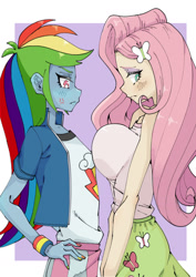 Size: 1191x1684 | Tagged: safe, artist:破坏海胆boom, imported from derpibooru, fluttershy, rainbow dash, human, equestria girls, blushing, breasts, busty fluttershy, butterfly hairpin, comparison, cross-popping veins, delicious flat chest, duo, emanata, embarrassed, female, looking at breasts, looking away, rainbow flat