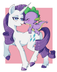 Size: 1191x1492 | Tagged: safe, artist:破坏海胆boom, imported from derpibooru, rarity, spike, dragon, pony, unicorn, blushing, boop, dragons riding ponies, eyes closed, female, horn, looking at each other, looking at someone, male, my little pony, riding, riding a pony, shipping, sparity, spike riding rarity, straight