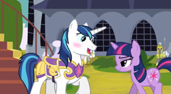 Size: 637x348 | Tagged: safe, edit, edited screencap, imported from derpibooru, screencap, shining armor, twilight sparkle, bedroom eyes, blushing, brother and sister, female, grin, incest, infidelity, male, nervous, nervous grin, shiningsparkle, shipping, siblings, smiling, straight, twicest