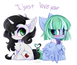 Size: 5000x4200 | Tagged: safe, artist:xsatanielx, imported from derpibooru, oc, oc only, oc:silky strings, pegasus, pony, unicorn, absurd resolution, blushing, chest fluff, chibi, commission, duo, ear fluff, horn, looking at each other, looking at someone, oc name needed, oc x oc, pegasus oc, shipping, simple background, sitting, spread wings, tail, transparent background, unicorn oc, wings, ych result
