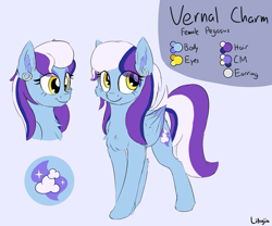 Size: 1625x1350 | Tagged: safe, artist:litrojia, imported from derpibooru, oc, oc only, oc:vernal charm, pegasus, pony, chest fluff, color palette, cutie mark, ear fluff, ear piercing, earring, eye clipping through hair, female, jewelry, mare, pegasus oc, piercing, reference sheet, solo, wings