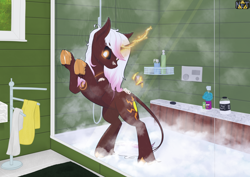 Size: 4092x2893 | Tagged: safe, artist:netango, imported from derpibooru, oc, oc only, oc:ts'eḥāyi, classical unicorn, pony, unicorn, bath, bathroom, cloven hooves, commission, curved horn, female, horn, indoors, leonine tail, looking at you, magic, magic aura, mare, shower, showering, standing, standing on two hooves, tail, telekinesis, unicorn oc, unshorn fetlocks