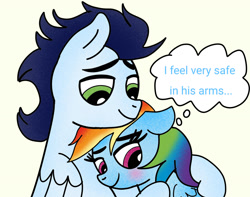 Size: 1280x1007 | Tagged: safe, artist:mrsdashskies, imported from derpibooru, rainbow dash, soarin', pegasus, pony, blushing, female, hug, male, mare, shipping, soarindash, stallion, straight