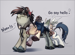 Size: 2953x2155 | Tagged: safe, artist:mithriss, imported from derpibooru, oc, oc:inju, pegasus, pony, undead, unicorn, zombie, zombie pony, bone, broken horn, choker, cross-popping veins, displeased, emanata, fangs, floppy ears, horn, male, pushing, rump push, simple background, spiked choker, spread wings, stallion, stitched body, stitches, text, torn ear, wings