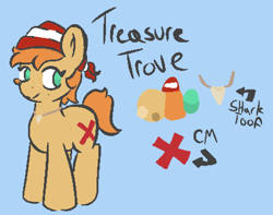 Size: 1122x885 | Tagged: safe, artist:orchard onlooker, oc:treasure trove, bandana, con mascot, looking at you, mascot, pone voyage, reference sheet, shark tooth necklace, solo, standing