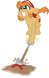 Size: 578x919 | Tagged: safe, artist:nootaz, oc:treasure trove, bandana, con mascot, digging, mascot, pone voyage, sand, shovel, solo