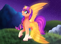 Size: 1390x1000 | Tagged: safe, artist:sweet cream, imported from derpibooru, sunny starscout, alicorn, earth pony, pony, female, g5, mane stripe sunny, mare, night, night sky, outdoors, race swap, sky, solo, spread wings, sunnycorn, wings