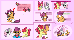 Size: 1155x635 | Tagged: safe, artist:snowflakepone, imported from derpibooru, apple bloom, scootaloo, sweetie belle, earth pony, pegasus, pony, unicorn, ageplay, burp, caught, comic, cute, cutie mark crusaders, diaper, diaper fetish, exclamation point, female, fetish, filly, foal, horn, messy eating, raspberry, simple background, speech bubble, sweat, sweatdrop, tongue out, tummy buzz, younger