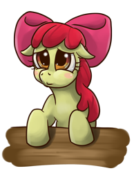 Size: 700x904 | Tagged: safe, artist:mrs1989, imported from derpibooru, apple bloom, earth pony, pony, blushing, bow, female, filly, floppy ears, foal, hair bow, pouting, simple background, solo, table, transparent background