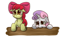 Size: 1500x904 | Tagged: safe, artist:mrs1989, imported from derpibooru, apple bloom, sweetie belle, earth pony, pony, unicorn, blushing, bow, female, filly, floppy ears, foal, hair bow, horn, pouting, simple background, table, transparent background