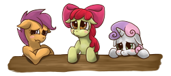 Size: 2043x904 | Tagged: safe, artist:mrs1989, imported from derpibooru, apple bloom, scootaloo, sweetie belle, earth pony, pegasus, pony, unicorn, blushing, bow, cutie mark crusaders, female, filly, floppy ears, foal, hair bow, horn, pouting, simple background, table, transparent background