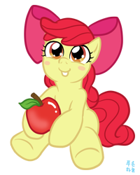 Size: 700x876 | Tagged: safe, artist:mrs1989, imported from derpibooru, apple bloom, earth pony, pony, :d, apple, blush sticker, blushing, bow, female, filly, foal, food, full body, hair bow, open mouth, open smile, simple background, sitting, smiling, solo, text, transparent background