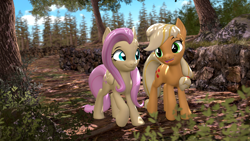 Size: 3840x2160 | Tagged: safe, artist:owlpirate, imported from derpibooru, applejack, fluttershy, earth pony, pegasus, pony, 3d, 4k, appleshy, duo, duo female, female, forest, hatless, high res, lesbian, mare, missing accessory, nature, open mouth, open smile, outdoors, shipping, smiling, source filmmaker, tree, walking