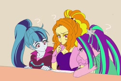 Size: 1800x1200 | Tagged: safe, artist:raika0306, imported from derpibooru, adagio dazzle, aria blaze, sonata dusk, equestria girls, breasts, clothes, desk, eyeshadow, female, fingerless gloves, gloves, makeup, paper, pencil, question mark, shirt, spiked wristband, the dazzlings, trio, trio female, wristband