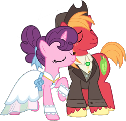 Size: 870x836 | Tagged: safe, edit, edited screencap, editor:pascalmulokozi2, imported from derpibooru, screencap, big macintosh, sugar belle, earth pony, unicorn, season 9, the big mac question, spoiler:s09, clothes, dress, female, hat, horn, male, mare, marriage, married couple, my little pony, not a vector, shipping, simple background, smiling, stallion, straight, sugarmac, transparent background, wedding, wedding dress, wedding suit