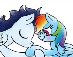 Size: 1280x1007 | Tagged: safe, artist:mrsdashskies, imported from derpibooru, rainbow dash, soarin', pegasus, pony, blushing, female, hoof kissing, kissing, male, mare, shipping, soarindash, stallion, straight