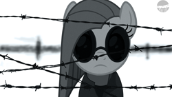 Size: 3840x2160 | Tagged: safe, artist:mbesto, imported from derpibooru, pinkie pie, earth pony, pony, barbed wire, black and white, clothes, crossover, egor letov, female, glasses, grayscale, looking at you, mare, monochrome, pinkamena diane pie, show accurate, solo, wires