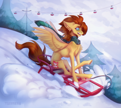 Size: 2210x1971 | Tagged: safe, alternate version, artist:tserrera, imported from derpibooru, oc, oc only, oc:yuris, pegasus, art trade, clothes, floppy ears, forest, harry potter (series), nature, open mouth, scarf, sleigh, slytherin, snow, solo, tree, winter