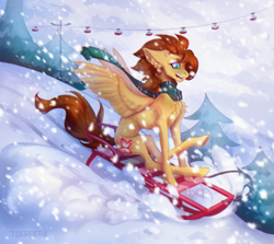 Size: 2210x1971 | Tagged: safe, alternate version, artist:tserrera, imported from derpibooru, oc, oc only, oc:yuris, pegasus, art trade, clothes, floppy ears, forest, harry potter (series), nature, open mouth, scarf, sleigh, slytherin, snow, solo, tree, winter