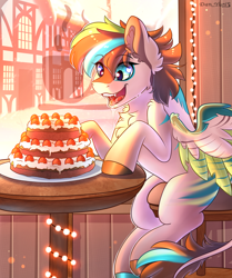 Size: 2558x3053 | Tagged: safe, artist:yuris, imported from derpibooru, oc, pegasus, pony, art trade, cafe, cake, chair, comfort, cute, drool, food, garland, house, open mouth, room, smiling, solo, table, window, winter