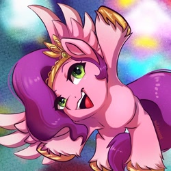 Size: 1000x1000 | Tagged: safe, artist:wildpawsvt, imported from derpibooru, pipp petals, pegasus, pony, female, flying, g5, happy, headband, looking at you, mare, open mouth, open smile, smiling, solo, unshorn fetlocks