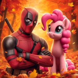 Size: 1024x1024 | Tagged: safe, imported from derpibooru, pinkie pie, earth pony, human, ai content, ai generated, autumn, crossover, deadpool, female, leaves, male, marvel, marvel comics, prompter:bluey2309