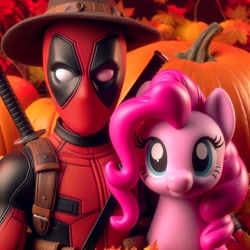 Size: 1024x1024 | Tagged: safe, imported from derpibooru, pinkie pie, earth pony, human, ai content, ai generated, crossover, deadpool, female, looking at you, male, marvel, prompter:bluey2309, pumpkin