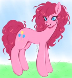 Size: 3779x4096 | Tagged: safe, artist:starfynch, imported from derpibooru, pinkie pie, earth pony, pony, alternate hairstyle, eyelashes, female, grass, mare, messy mane, open mouth, outdoors, solo